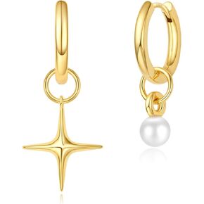 DAILY VIBES Small Gold Star Pearl Drop Dangle Earrings for Women Dainty 925 Sterling Silver Post Asymmetrical Mini 14K Gold Plated Huggie Hoop Earrings for Girls