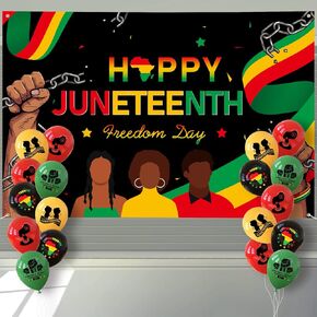 Juneteenth Decorations Banner 72" x 48" Backdrop with 18 Pcs Balloons Happy Juneteenth Independence Day Freedom Photography Background for Indoor Outdoor Garden Yard Juneteenth Party Supplies