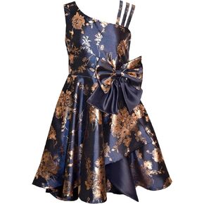 Bonnie Jean Girls 7-16 Navy Shantung Rose-Gold Foiled Bow Dress