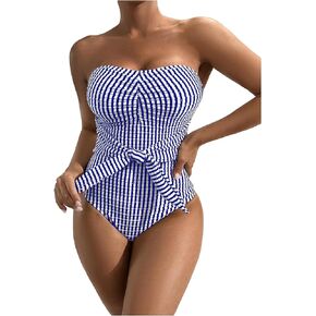 Floerns Women's Striped Knot Front Ruched Bandeau One Piece Swimsuit Strapless Beach Bathing Suit