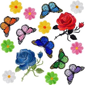 Coopay 16 Pieces Flowers Butterfly Sunflowers Iron on/Sew on Patches Rose Embroidery Applique Patches for Arts Crafts DIY Decor, Jeans, Jackets, Clothing, Bags