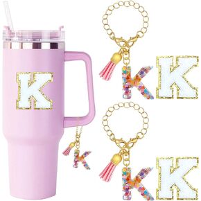 KOLODOGO Letter Pink Heart Accessories for Stanley Cup, 2 PCS Initial Chain with Letter Sticker, Letter Charm for Women Girls