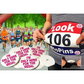 I’m Only Here for The Medal, Race bib Clips, Running bib Clips, Snap-Lock for Securing Running and Cycling Numbers. Made with Recycled Plastic (Est 2012).