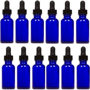 Cobalt Glass Bottles with Eye Droppers (1 oz, 12 pk) For Essential Oils, Colognes & Perfumes, Blank Labels Included