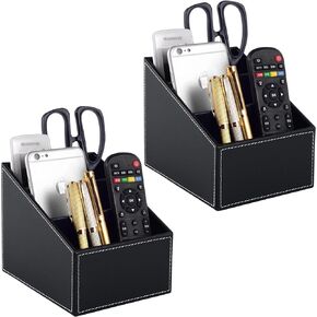 Fashionable PU leather TV remote control Holder with 3 compartments, Desk Caddy Organizer for DVD Cable Plus notepad and pen Chapstick Fingernail clippers Letter opener All in one Retro(2 pieces)