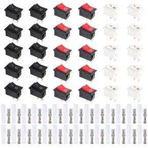 30PCS Mini Boat Rocker Switch SPST 250V 6A 125V 10A 2 Pin Snap-in ON-Off KCD1-101 3 Colors Rocker Switches for Car Auto Boat Household Appliances with 60PCS Spade Connector