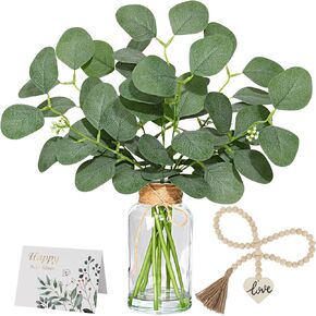 Floweroyal Artificial Eucalyptus Stems in Glass Vase with 38" Wooden Bead with Tassel 15" Faux Eucalyptus Green Plant for Entryway Table Centerpieces Farmhouse Bathroom Boho Decor