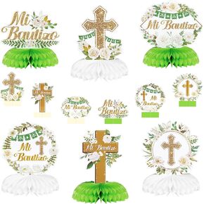 Mi Bautizo Floral Honeycomb Centerpieces - 12Pcs Summer Blue Gold God Baptism Honeycomb Religions Party Decor 3D Table Toppers God Bless First Communion Birthday Baby Shower for Boy Girl