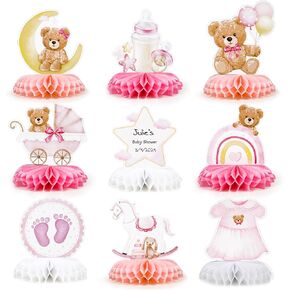 9pcs Baby Shower Centerpieces for Tables Girl Bear Baby Shower Decorations Pink Honeycomb Centerpieces Baby Shower Table Decorations (Pink)