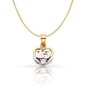 14K Tri Color Gold Sweet 15 Years Quinceanera Heart Cubic Zirconia CZ Charm Pendant with 0.6mm Box Chain Necklace