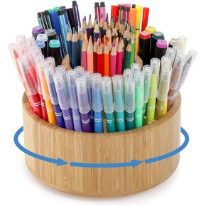 SOUJOY Bamboo Pen Holder Organizer, 360°Rotating Art Supply Organizer with 11 Compartments, Color Pencil Storage Caddy, Hold 200+ Pencils, Office Desk Stand Box for Marker Pens, Pencil, Art Brushes