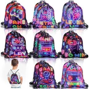 Huhumy 24 Pcs Video Game Party Favor Bag Neon Video Game Party Drawstring Bags 12 x 10 Inch for Boys Girls Game on Theme Loot Party Supplies Gifts Game Goodie Treat Candy Bags for Kid Birthday Party
