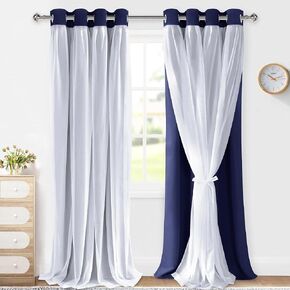 100% Blackout Double Layer Curtains, Blackout Curtains with Sheer Overlay for Living Room, Children's Room, Grommet Thermal Insulated Privacy Curtains with Tiebacks, 2 Panels, 52x84, Grey