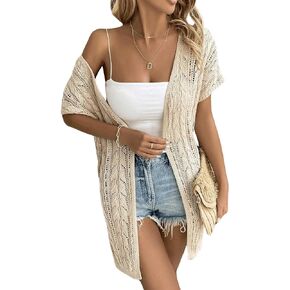 Verdusa Women's Open Front Dolman Sleeve Hollow Out Crochet Casual Cardigan Sweaters Cover Ups