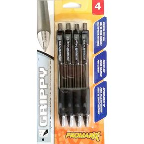 Promax Grippy 1.0 Retractable pen, Black Ink, Comfort Grip, 4 pack