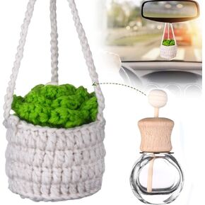 Crochet Car Air Freshener 12ml Empty Refillable Glass Perfume Bottles Car Diffuser Bottle Perfume Bottle Refillable Car Air Freshener Pendant with Cute Potted Plants Car Mirror Hanging Accessories in Kuwait