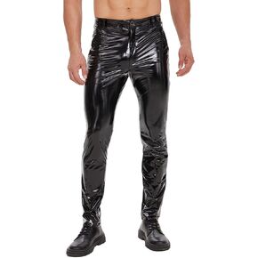 Mens Shiny Leather Pants, Sexy Zipper Open Crotch, Glossy PVC Leather Casual Trousers