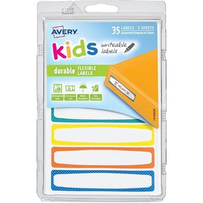 Avery(R) Durable Labels for Kids' Gear, 5/8" x 3-1/2", Assorted Border Colors, Water-Resistant Labels, 35 Rectangle Labels Total (41440)
