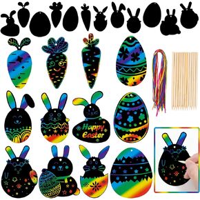 48 Pcs Easter Scratch Crafts for Kids, Rabbit Bunny Carrot Easter Egg Rainbow Scratch Paper Ornaments with Wooden Stick and Ribbon for Easter Party Favors
