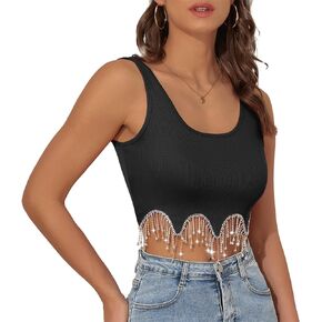 Century Star Crop Tank Tops for Women Rhinestone Fringe Top Sparkly Tops for Women Sequin Glitter Top Concert Y2K Tank Top