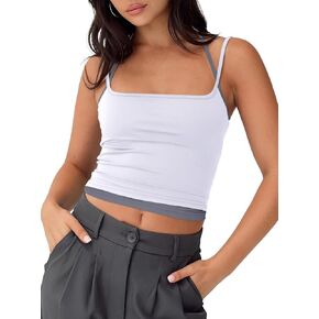 REORIA Women's Summer Casual Sleeveless Square Neck Contrast Double Lined Going Out Camisole Crop Tank Tops