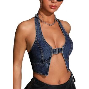 OYOANGLE Women's Sleeveless Deep V Neck Denim Halter Tops Party Clubwear Crop Tops