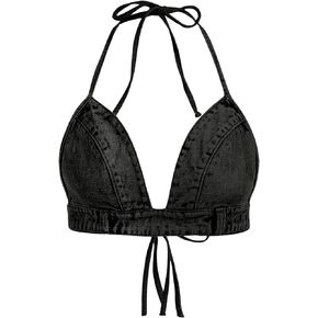 SHENHE Women's Denim Halter Top Tie Backless Triangle V Neck Sexy Jean Crop Top