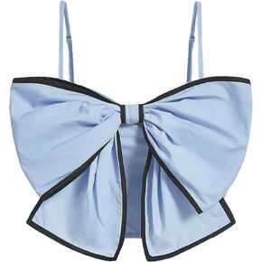 OYOANGLE Women's Solid Bowknot Front Ruched Cami Top Spaghetti Strap Contrast Binding Crop Tops