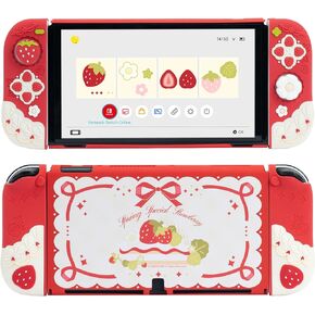 GeekShare Protective Case for Switch OLED Slim Cover Case Compatible with Nintendo Switch OLED, Separable Soft Silicone Protective Shell for Joy Con with 2 Thumb Grip Caps - Spring Strawberry