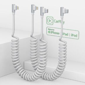2 Pack 90 Degree Coiled Lightning Cable USB C,Short USB C to Lightning Cable for Apple CarPlay,PD 27W [9V 3A] Fast Charge&Apple MFi Certified Lightning Cable with Data sync for iPhone/Pad/Pod,White