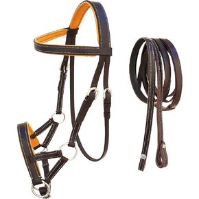 CHALLENGER Horse Western Brown Leather Training Tack Bitless Sidepull Bridle Reins 7710
