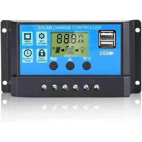 30A PWM Solar Charge Controller, 12V 24V Solar Panel Battery Intelligent Regulator with Dual USB Port, Auto Parameter Adjustable LCD Display, Timer Setting, Multiple Load Control Modes