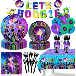 زخارف حفلات السبعينات ديسكو زينة حفلات أعياد الميلاد 110 قطعة من Lets Boogie Banner لوحات ومناديل حفلات الديسكو في السبعينيات، مفرش المائدة، أدوات مائدة الحفلات بالونات تخدم 20