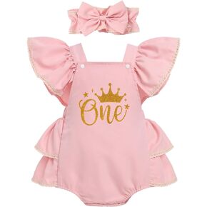 OBEEII First Birthday Outfit Girl, Ruffle Sleeve Crown/Strawberry Romper + Headband Cake Smash Photoshoot Summer Outfit