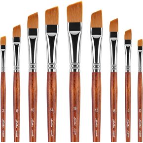 Golden Maple Angular Paint Brushes, 9PC Oblique Tip Nylon Hair Short Handle Artist Angled Paint Brushes Set for Acrylic, Watercolor, Gouache and Oil Painting, Bronze