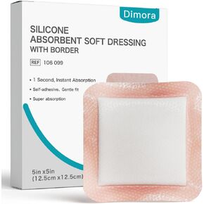 Dimora Silicone Super Absorbent Wound Dressings - Gentle Adhesive Bandages with Ultrasorb Polymer,Heavy Exudate Wound Care Pads 5"X 5" 10 Packs