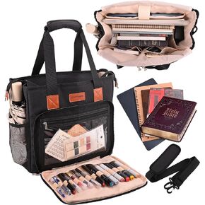 Bible Cover Bag for Woman with Water Bottle Pockets, Bible Case Church Bag for Bible Study Items with Shoulder Strap, Black