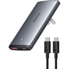 Baseus USB C Charger, 65W 2 Port Flat Wall Charger PD 3.0, Ultra-Slim GaN Charger with Foldable Plug for MacBook, iPhone 15/14/13/12/11/Pro Max/XS/XR, Samsung, iPad, Steam Deck with Charging Cable