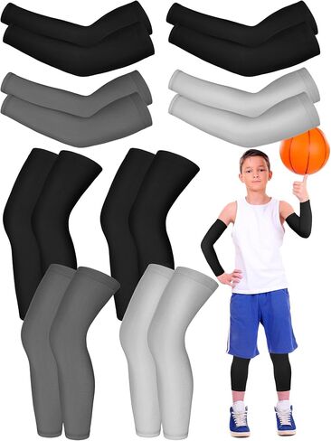 8 Pairs Kids Arm Sleeves and Basketball Leg Sleeves Set Non Slip Long Compression Leg Sleeves for Boys Girls Youth in Saudi Arabia
