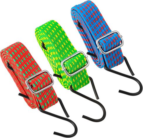 40 Inch Adjustable Flat Bungee Cord Flat Bungee Strap with Adjustable Length Metal Buckle and Hook for Camping Cargo Hand Carts (3 Pcs, Black Mainly) in Kuwait