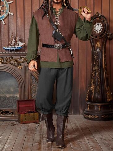 Runcati Mens Pirate Pants Renaissance Medieval Costume Viking Navigator Halloween Lace Up Shorts in Saudi Arabia