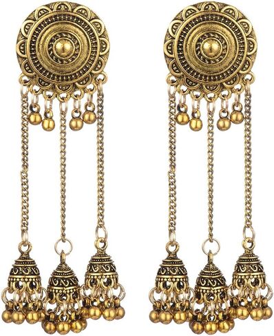 Indian Jhumka Jhumki Ethnic Dangle Earring for Women Vintage Silver Gold Long Tassel Bell Drop Earrings Boho Flower Beaded Bollywood Jewelry Boho Traditional Oxidized Antique Festival Party Gift for Ladies Girls in Saudi Arabia
