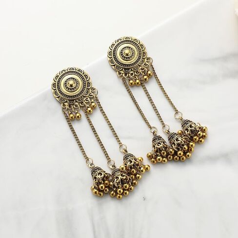 Indian Jhumka Jhumki Ethnic Dangle Earring for Women Vintage Silver Gold Long Tassel Bell Drop Earrings Boho Flower Beaded Bollywood Jewelry Boho Traditional Oxidized Antique Festival Party Gift for Ladies Girls in Saudi Arabia
