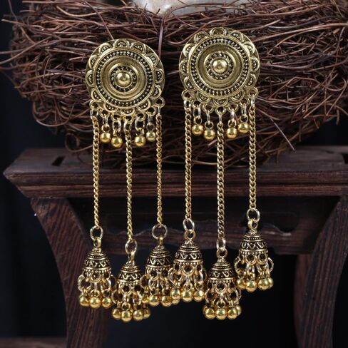 Indian Jhumka Jhumki Ethnic Dangle Earring for Women Vintage Silver Gold Long Tassel Bell Drop Earrings Boho Flower Beaded Bollywood Jewelry Boho Traditional Oxidized Antique Festival Party Gift for Ladies Girls in Saudi Arabia