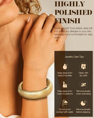 Gold Bangle Bracelets for Women Chunky Stretch Bracelet Set Stackable Bangles 14K Gold Plated Stainless Steel 10mm 16mm 20mm in Saudi Arabia