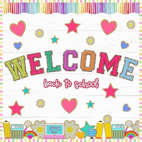 66 Feet Back to School Bulletin Border Decorations Boho Groovy First Day of School Trim Boarder Colorful 30 Pcs Chenille Patches Paper Cutouts Welcome School Wall Decor for Classroom Party in Saudi Arabia