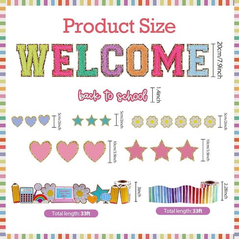 66 Feet Back to School Bulletin Border Decorations Boho Groovy First Day of School Trim Boarder Colorful 30 Pcs Chenille Patches Paper Cutouts Welcome School Wall Decor for Classroom Party in Saudi Arabia