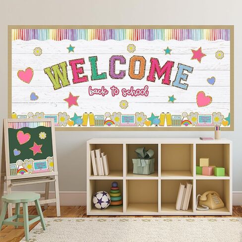 66 Feet Back to School Bulletin Border Decorations Boho Groovy First Day of School Trim Boarder Colorful 30 Pcs Chenille Patches Paper Cutouts Welcome School Wall Decor for Classroom Party in Saudi Arabia
