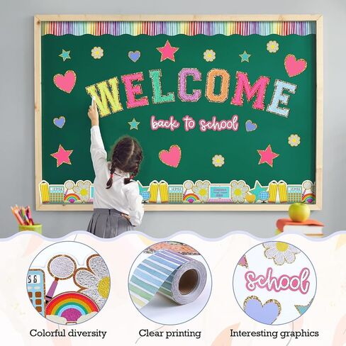 66 Feet Back to School Bulletin Border Decorations Boho Groovy First Day of School Trim Boarder Colorful 30 Pcs Chenille Patches Paper Cutouts Welcome School Wall Decor for Classroom Party in Saudi Arabia