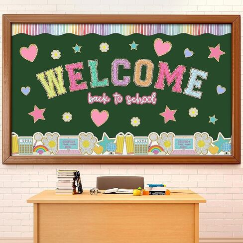 66 Feet Back to School Bulletin Border Decorations Boho Groovy First Day of School Trim Boarder Colorful 30 Pcs Chenille Patches Paper Cutouts Welcome School Wall Decor for Classroom Party in Saudi Arabia